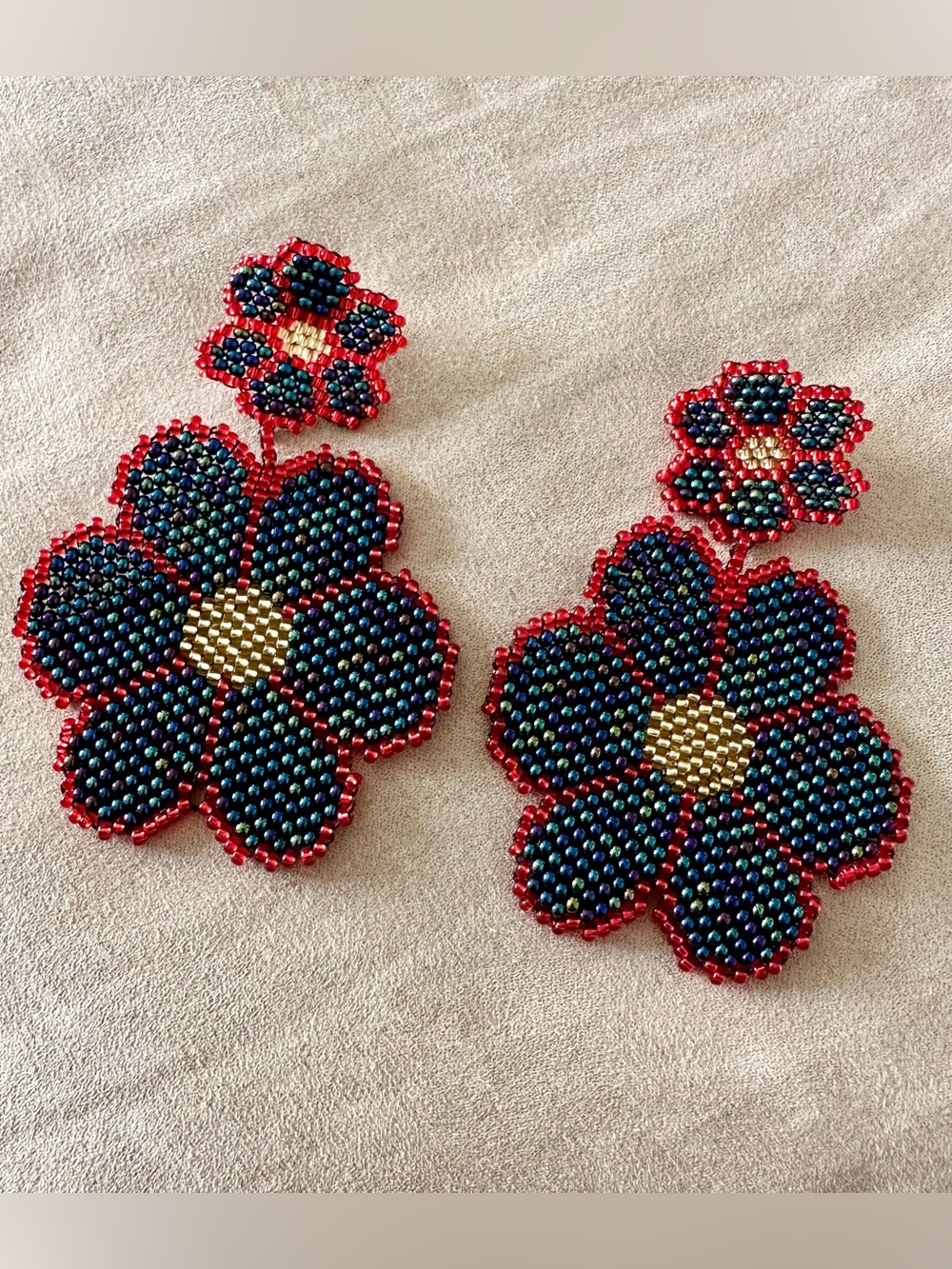 Amazon Indigenous Beaded Flower Drop Earrings Iridescent Metallic Statement